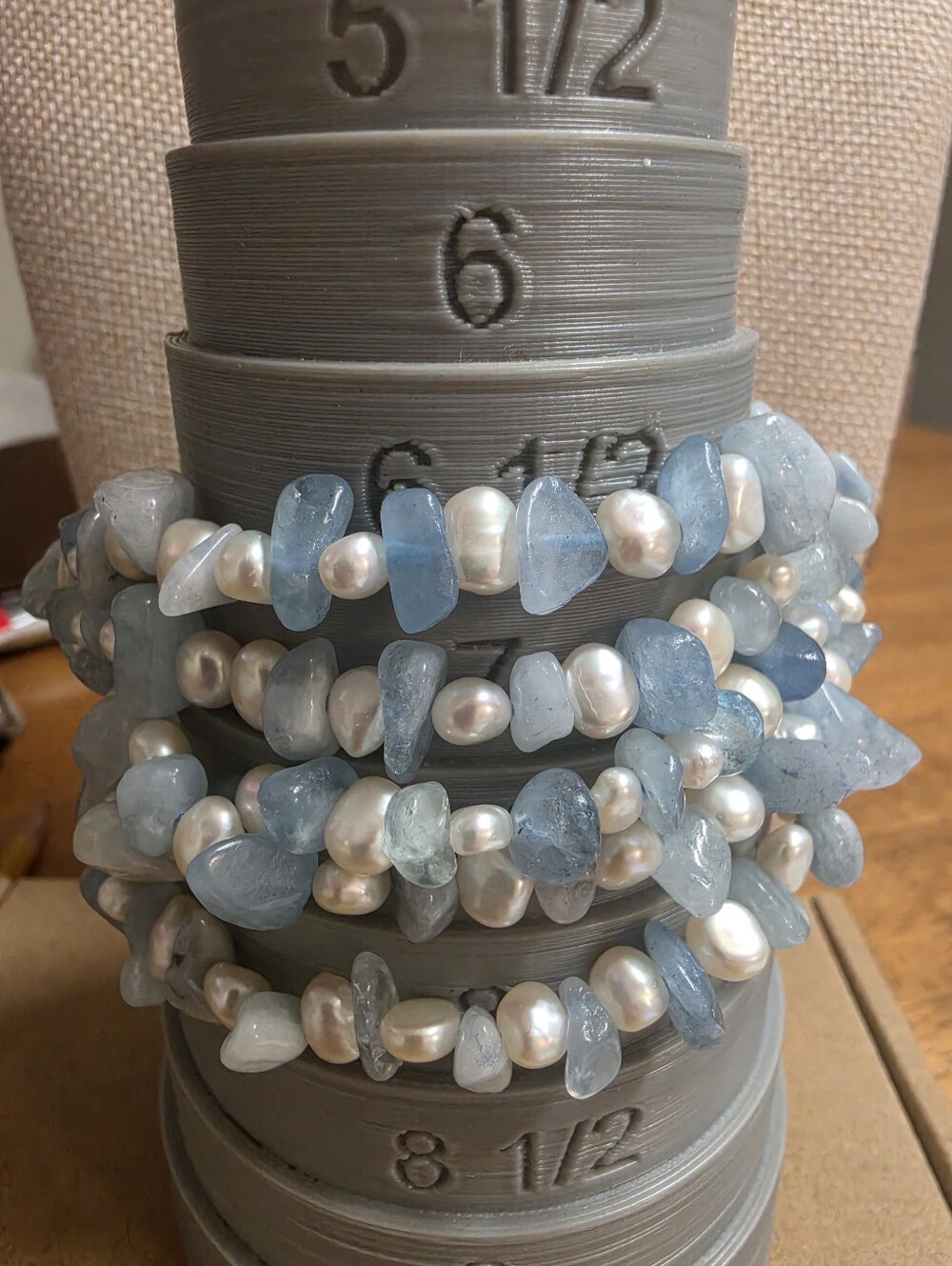 Blue Quartz and Cultured Fresh Water Pearl 4 Strand Bracelet 925 Lobster Clasp